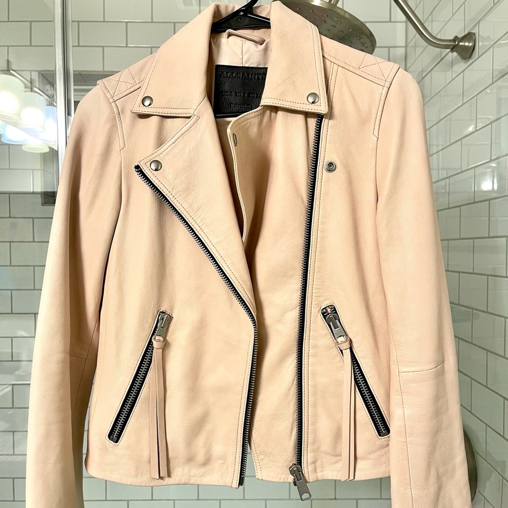 Like new All Saints Powder Pink Darby leather jacket. Sells brand new for $300.